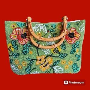 VTG BARSE Floral Heavily Beaded Bamboo Double Handle Tote Tiki Bag